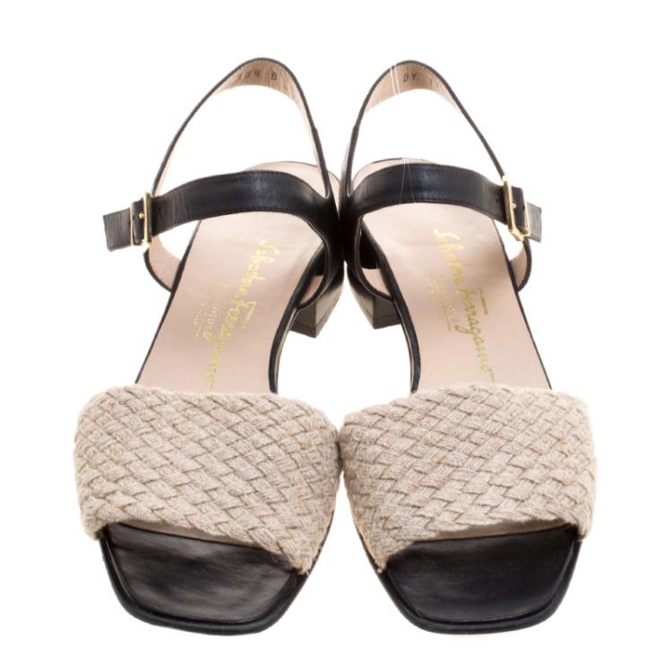 مملوكة مسبقًا Salvatore Ferragamo Beige/Black Jute and Leather Ankle Strap Sandals Size 41