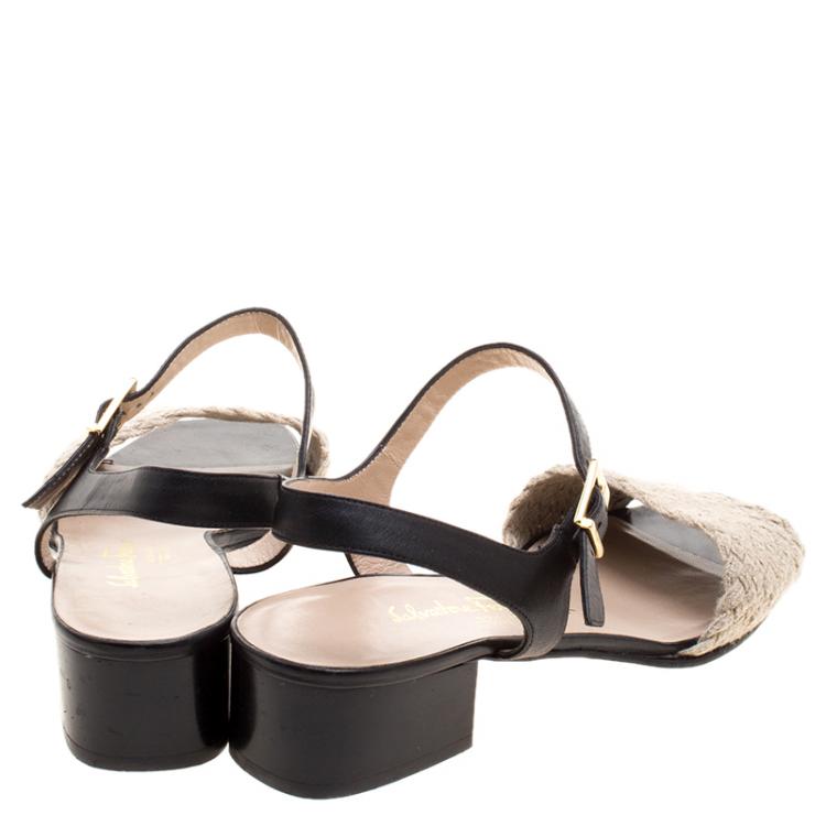 مملوكة مسبقًا Salvatore Ferragamo Beige/Black Jute and Leather Ankle Strap Sandals Size 41