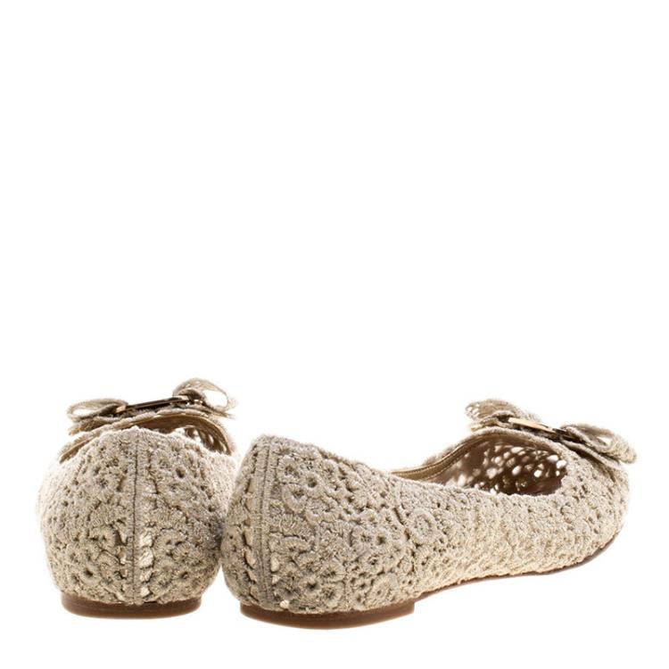 Pre Owned Salvatore Ferragamo Beige Lace Bombay Ballet Flats Size 37.5
