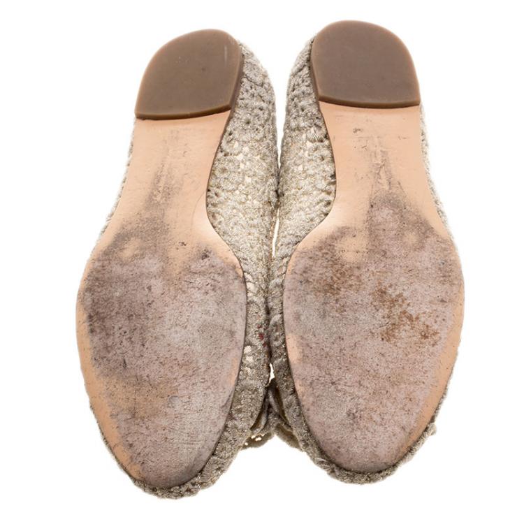 Pre Owned Salvatore Ferragamo Beige Lace Bombay Ballet Flats Size 37.5
