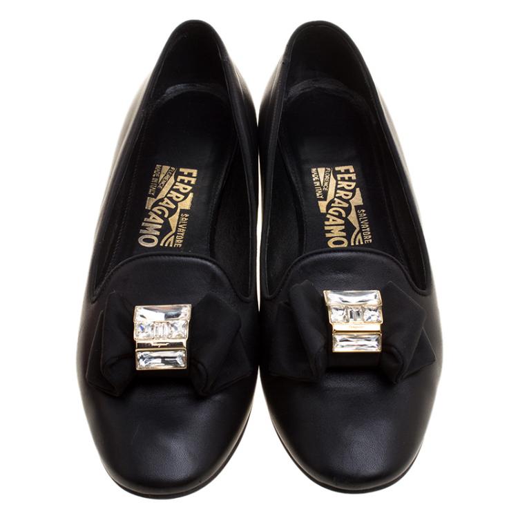 Pre Owned Salvatore Ferragamo Black Leather Gessy Crystal Embellished Bow Smoking Slippers Size 38