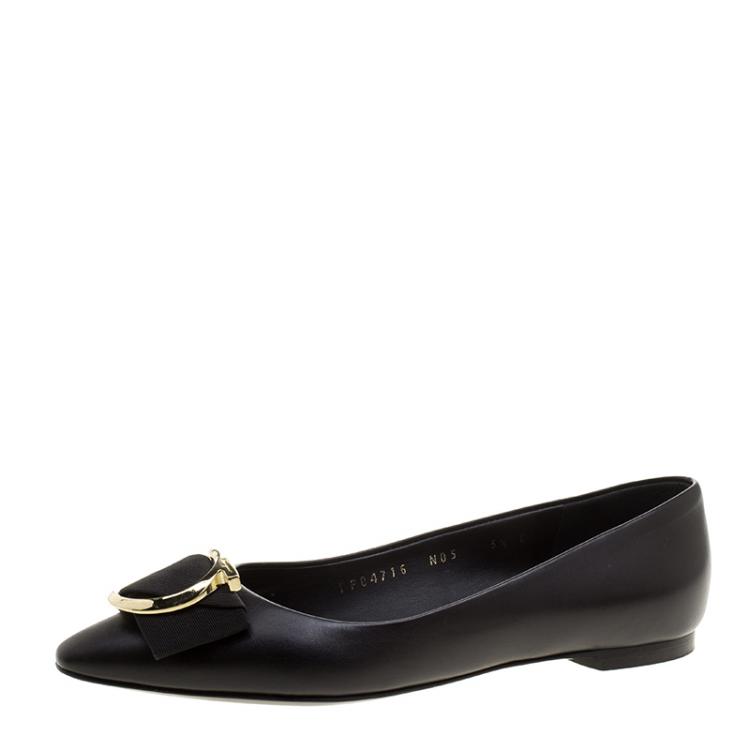 Pre Owned Salvatore Ferragamo Black Leather Ena Gancini Bow Pointed Toe Flats Size 36