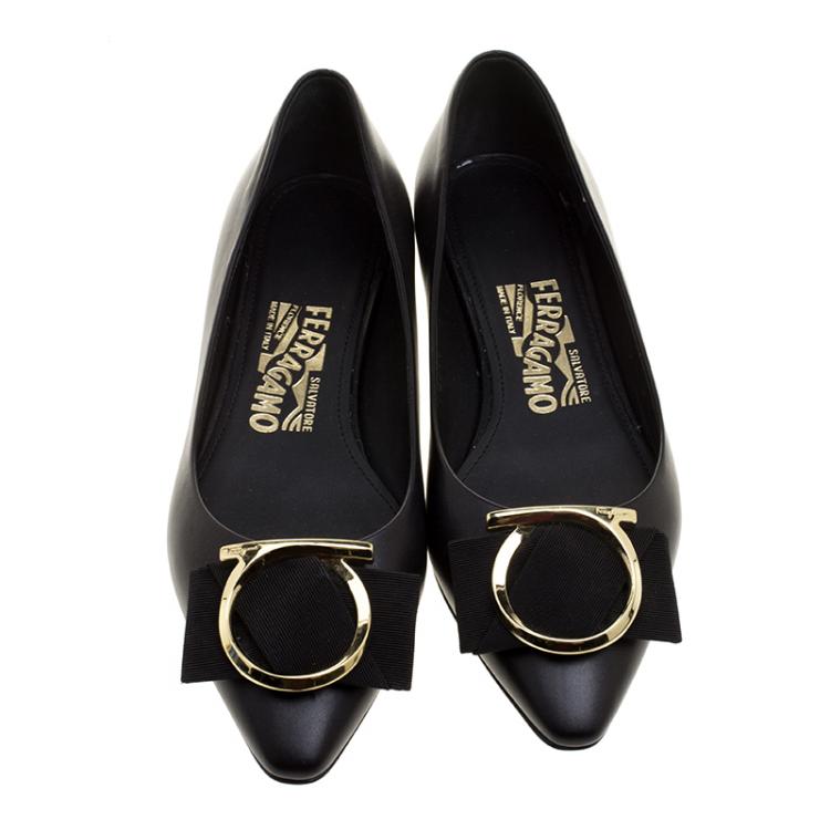 Pre Owned Salvatore Ferragamo Black Leather Ena Gancini Bow Pointed Toe Flats Size 36