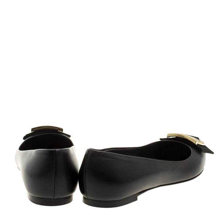 Pre Owned Salvatore Ferragamo Black Leather Ena Gancini Bow Pointed Toe Flats Size 36