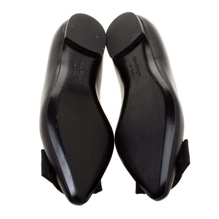 Pre Owned Salvatore Ferragamo Black Leather Ena Gancini Bow Pointed Toe Flats Size 36