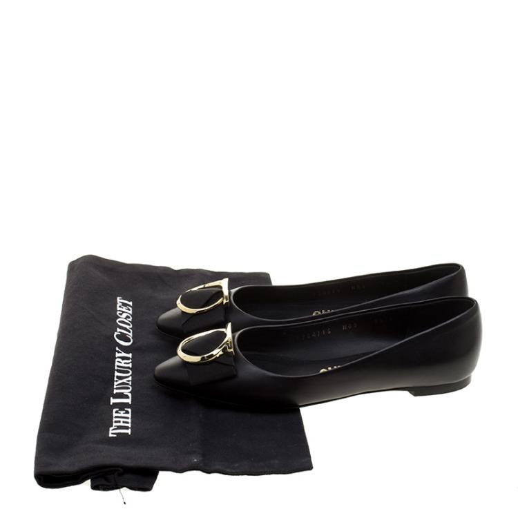 Pre Owned Salvatore Ferragamo Black Leather Ena Gancini Bow Pointed Toe Flats Size 36