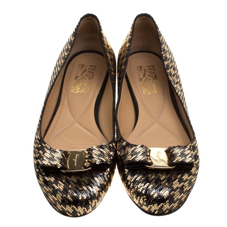 Pre Owned Salvatore Ferragamo Gold/Black Sequin Varina Ballet Flats Size 40.5