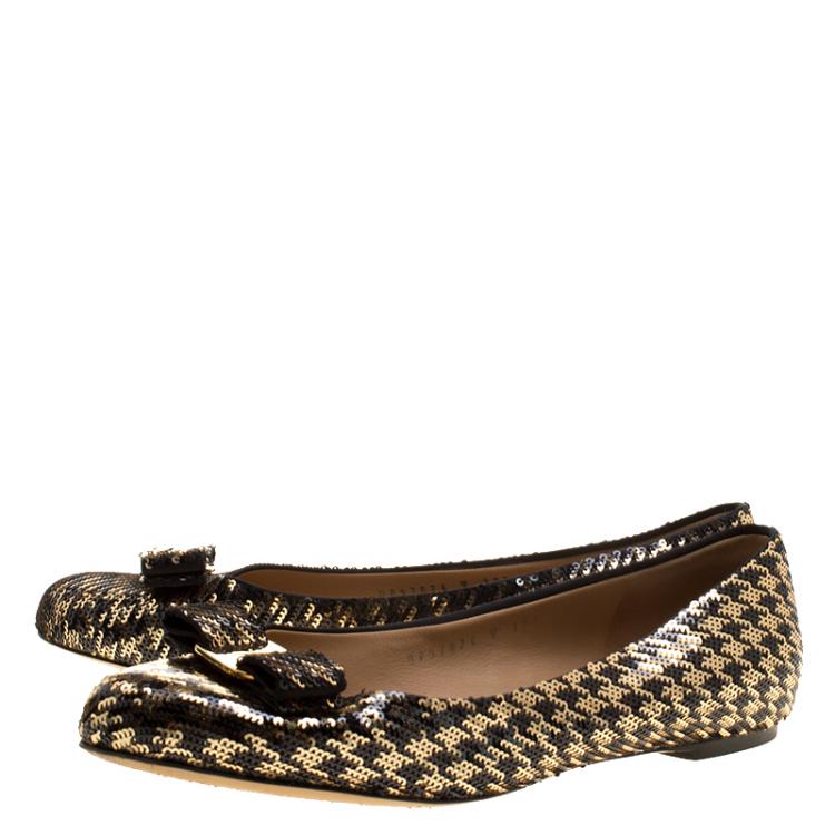 Pre Owned Salvatore Ferragamo Gold/Black Sequin Varina Ballet Flats Size 40.5
