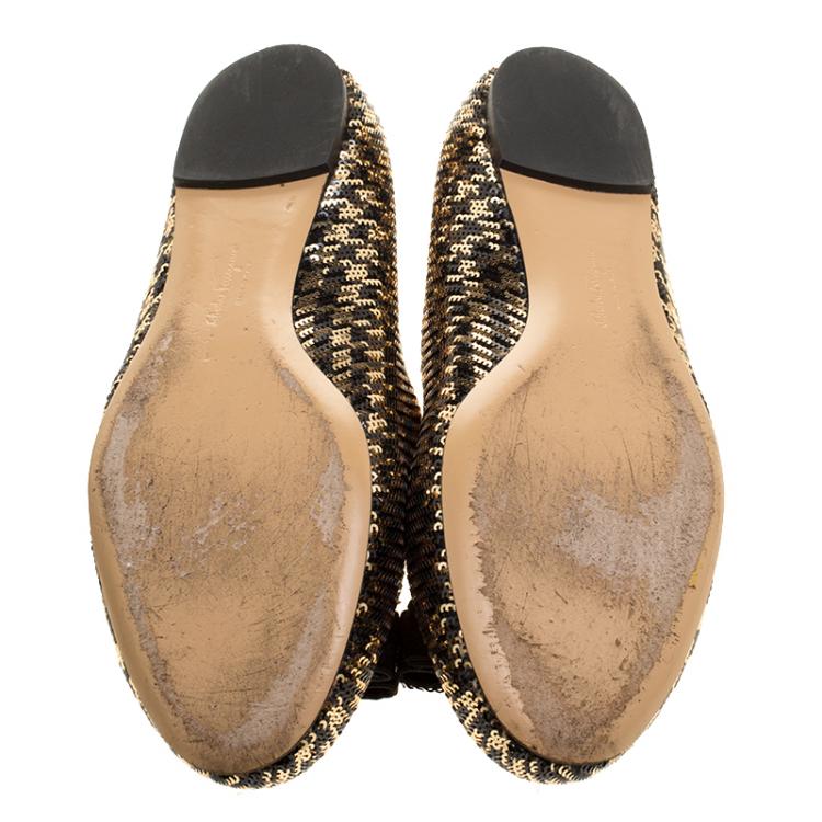 Pre Owned Salvatore Ferragamo Gold/Black Sequin Varina Ballet Flats Size 40.5
