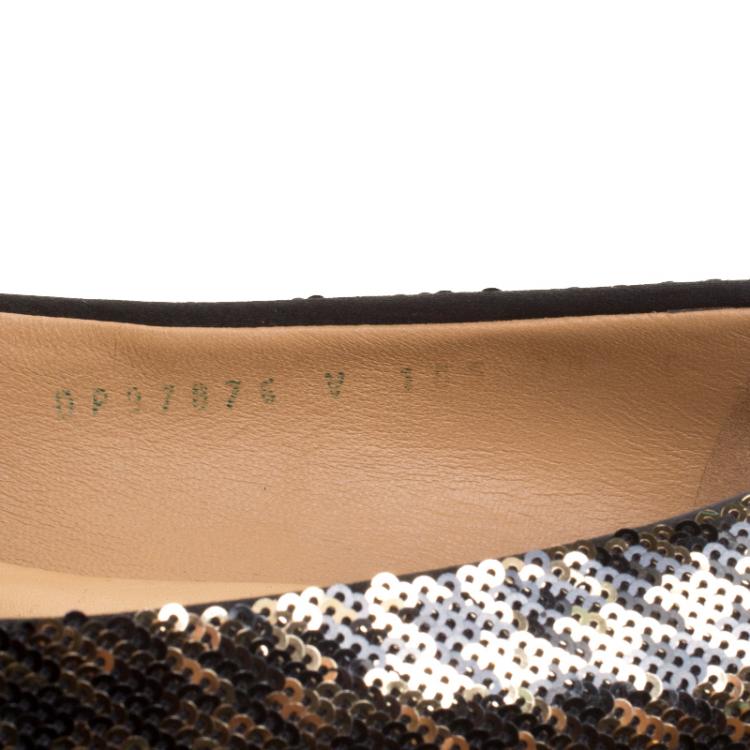 Pre Owned Salvatore Ferragamo Gold/Black Sequin Varina Ballet Flats Size 40.5