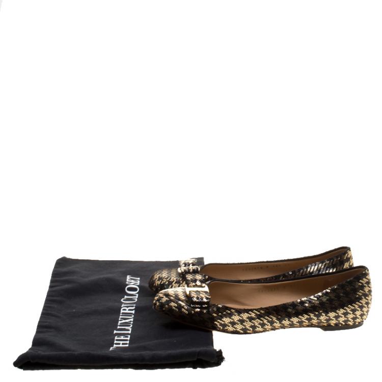 Pre Owned Salvatore Ferragamo Gold/Black Sequin Varina Ballet Flats Size 40.5