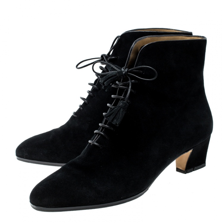 Pre Owned Salvatore Ferragamo Black Suede Lace Up Tassel Ankle Boots Size 38.5