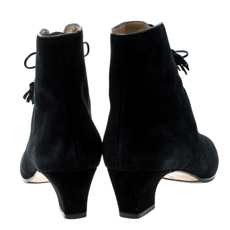 Pre Owned Salvatore Ferragamo Black Suede Lace Up Tassel Ankle Boots Size 38.5
