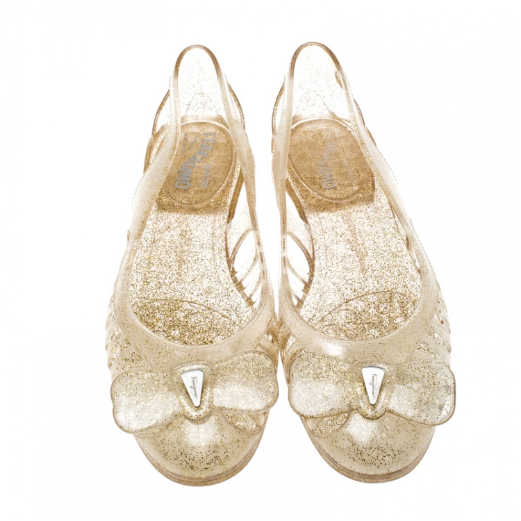 مملوكة مسبقًا Salvatore Ferragamo Transparent Glitter Jelly Spiffy Bow Detail Flats Size 37.5