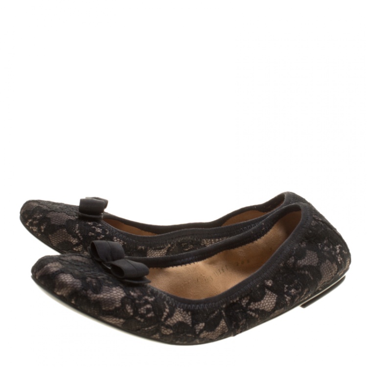 Pre Owned Salvatore Ferragamo Black Lace My Joy Bow Detail Ballet Flats Size 37.5