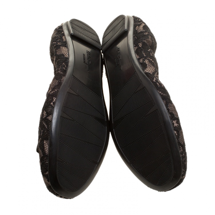 Pre Owned Salvatore Ferragamo Black Lace My Joy Bow Detail Ballet Flats Size 37.5