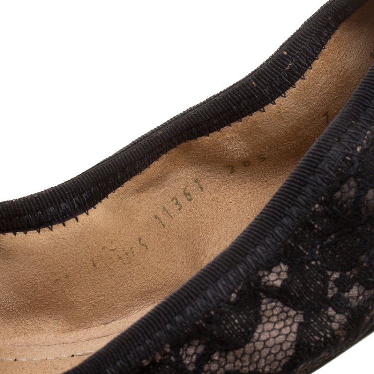 Pre Owned Salvatore Ferragamo Black Lace My Joy Bow Detail Ballet Flats Size 37.5