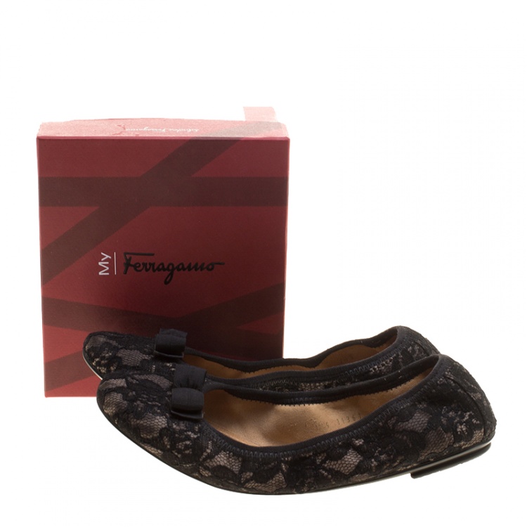 Pre Owned Salvatore Ferragamo Black Lace My Joy Bow Detail Ballet Flats Size 37.5