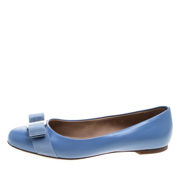 Pre Owned Salvatore Ferragamo Blue Leather Vara Bow Ballet Flats Size 36.5