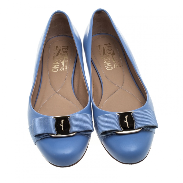 Pre Owned Salvatore Ferragamo Blue Leather Vara Bow Ballet Flats Size 36.5