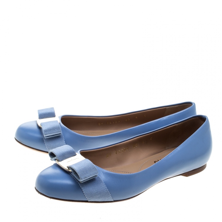 Pre Owned Salvatore Ferragamo Blue Leather Vara Bow Ballet Flats Size 36.5