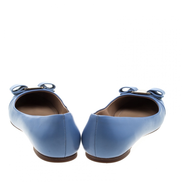 Pre Owned Salvatore Ferragamo Blue Leather Vara Bow Ballet Flats Size 36.5