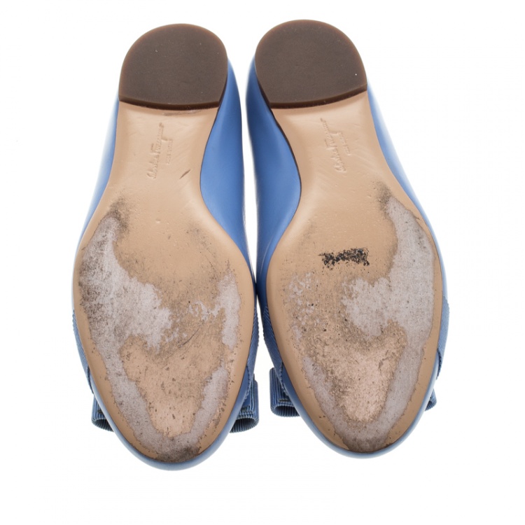 Pre Owned Salvatore Ferragamo Blue Leather Vara Bow Ballet Flats Size 36.5