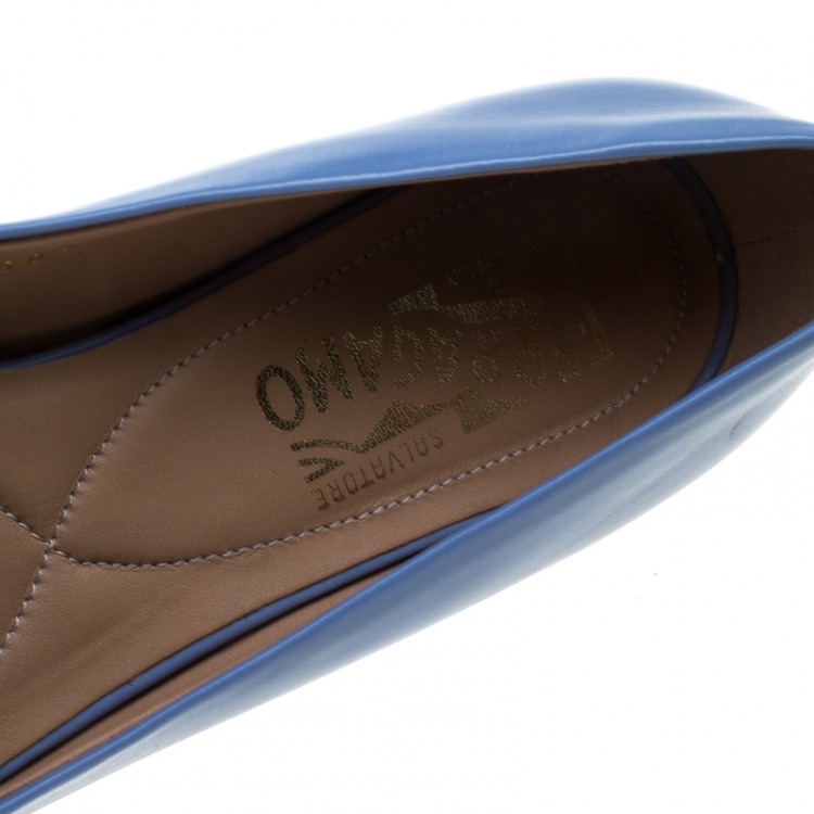 Pre Owned Salvatore Ferragamo Blue Leather Vara Bow Ballet Flats Size 36.5