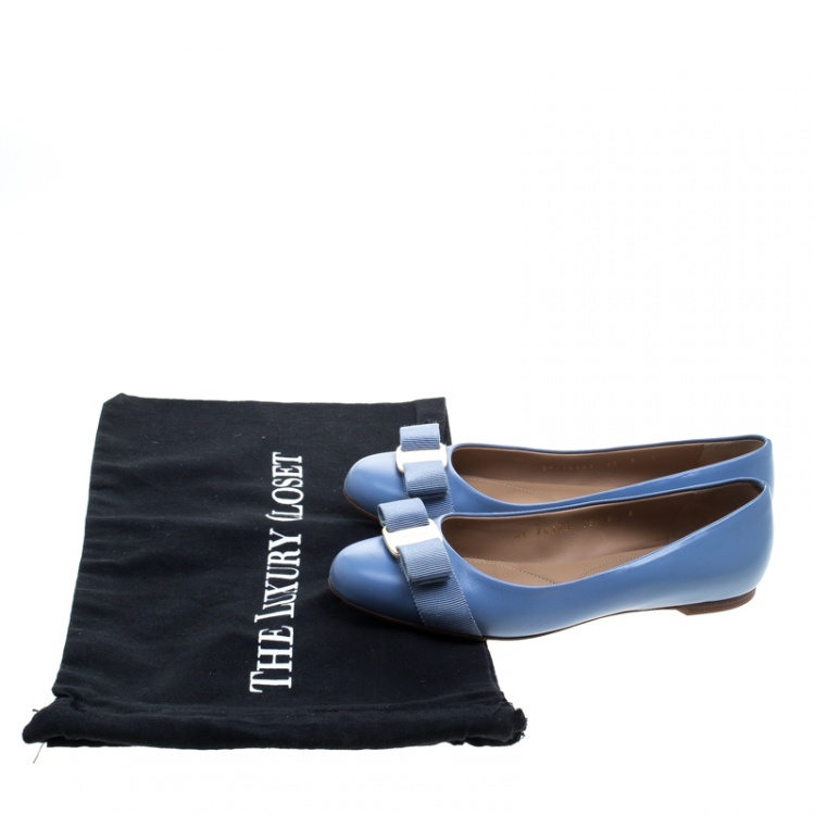 Pre Owned Salvatore Ferragamo Blue Leather Vara Bow Ballet Flats Size 36.5