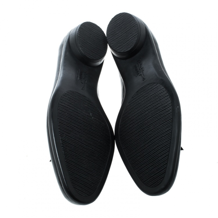 Pre Owned Salvatore Ferragamo Black Leather Cut out Detail Bow Ballet Flats Size 41.5