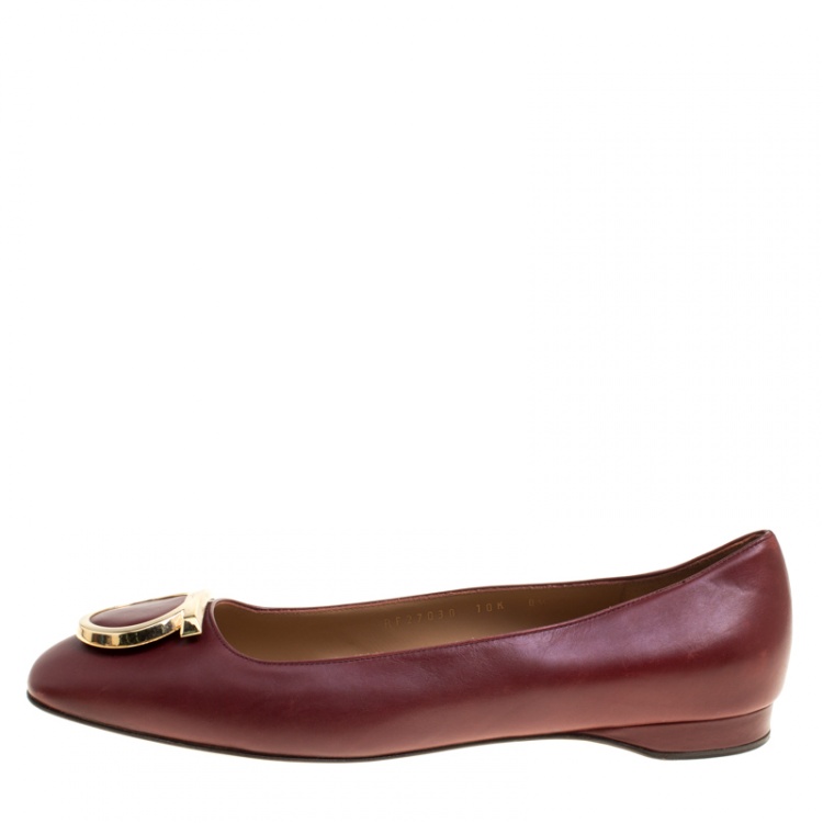 Pre Owned Salvatore Ferragamo Burgundy Leather Taissa Buckle Ballet Flats Size 39