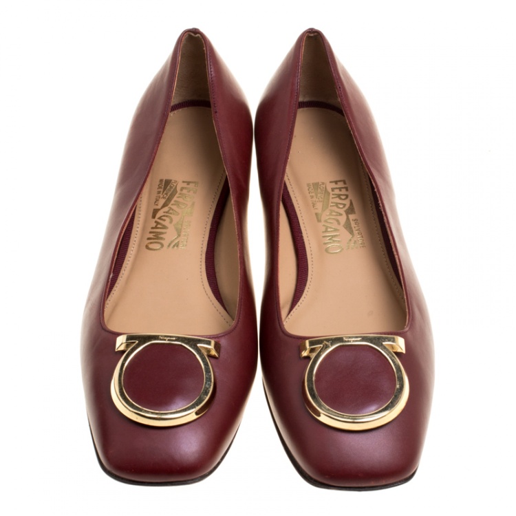 Pre Owned Salvatore Ferragamo Burgundy Leather Taissa Buckle Ballet Flats Size 39