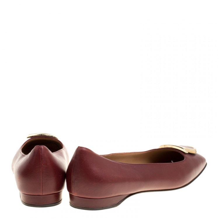 Pre Owned Salvatore Ferragamo Burgundy Leather Taissa Buckle Ballet Flats Size 39
