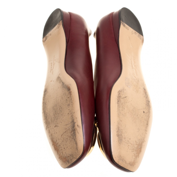 Pre Owned Salvatore Ferragamo Burgundy Leather Taissa Buckle Ballet Flats Size 39