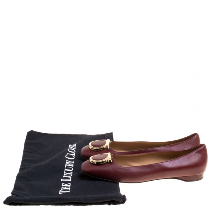 Pre Owned Salvatore Ferragamo Burgundy Leather Taissa Buckle Ballet Flats Size 39