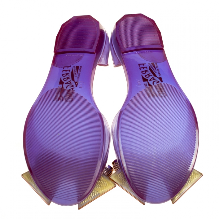 Pre Owned Salvatore Ferragamo Purple Jelly Barbados Metal Bow Peep Toe D'orsay Flats Size 35.5