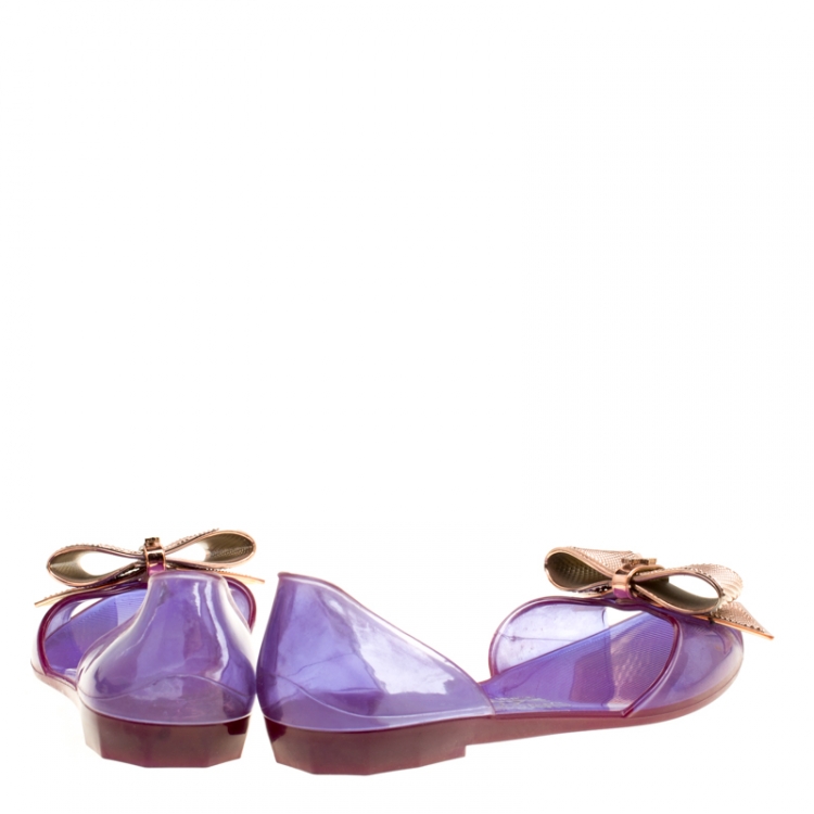 Pre Owned Salvatore Ferragamo Purple Jelly Barbados Metal Bow Peep Toe D'orsay Flats Size 35.5