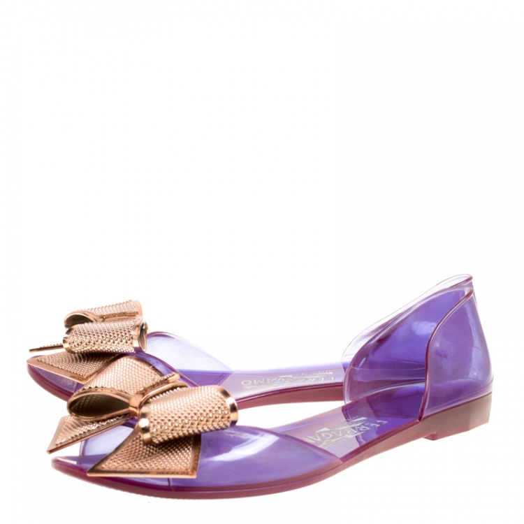 Pre Owned Salvatore Ferragamo Purple Jelly Barbados Metal Bow Peep Toe D'orsay Flats Size 35.5