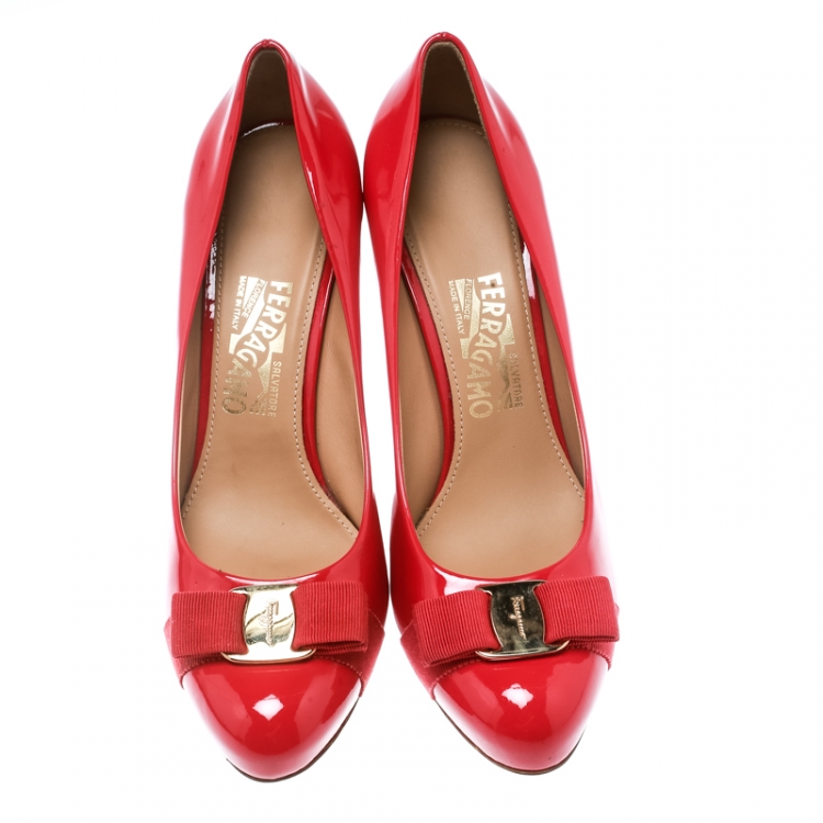 Pre Owned Salvatore Ferragamo Red Leather Pimpa Vara Bow Pumps Size 39