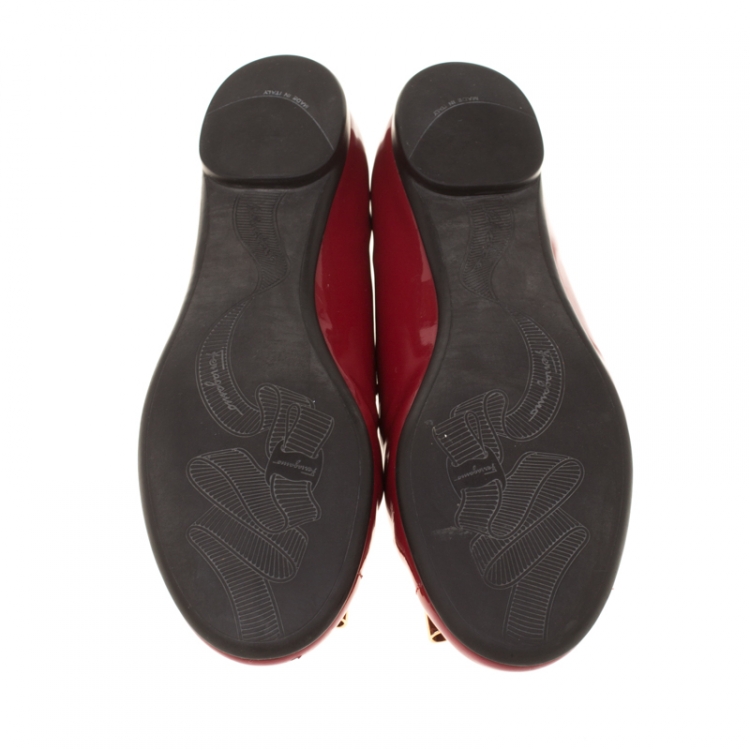 Pre Owned Salvatore Ferragamo Red Leather Petrina Cap Toe Ballet Flats Size 37