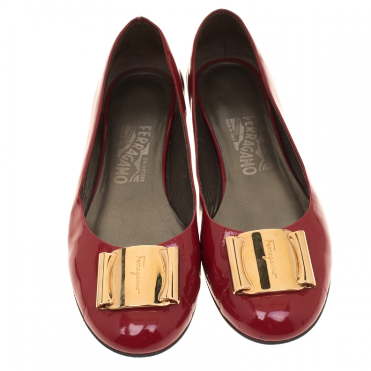 Pre Owned Salvatore Ferragamo Red Leather Petrina Cap Toe Ballet Flats Size 37