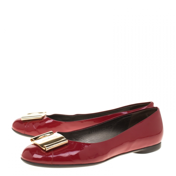 Pre Owned Salvatore Ferragamo Red Leather Petrina Cap Toe Ballet Flats Size 37