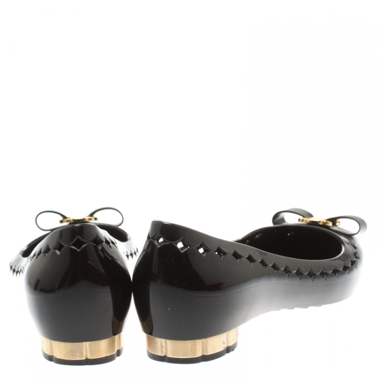 Pre Owned Salvatore Ferragamo Black Jelly Cut Out Detail Flats Size 37.5