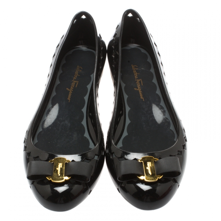Pre Owned Salvatore Ferragamo Black Jelly Cut Out Detail Flats Size 37.5