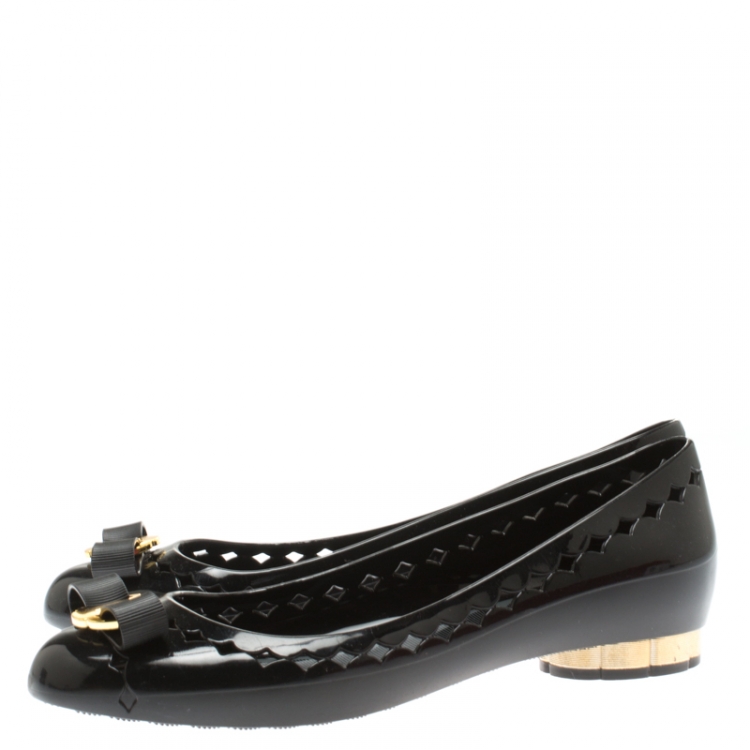 Pre Owned Salvatore Ferragamo Black Jelly Cut Out Detail Flats Size 37.5