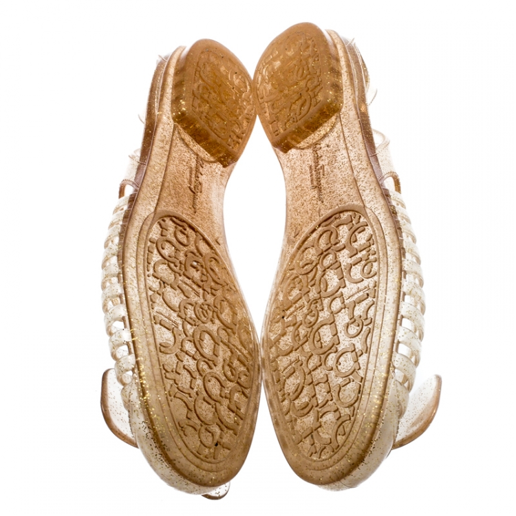 Pre Owned Salvatore Ferragamo Transparent Glitter Jelly Spiffy Bow Detail Flats Size 37.5