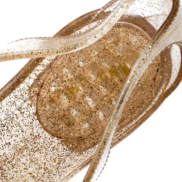 Pre Owned Salvatore Ferragamo Transparent Glitter Jelly Spiffy Bow Detail Flats Size 37.5