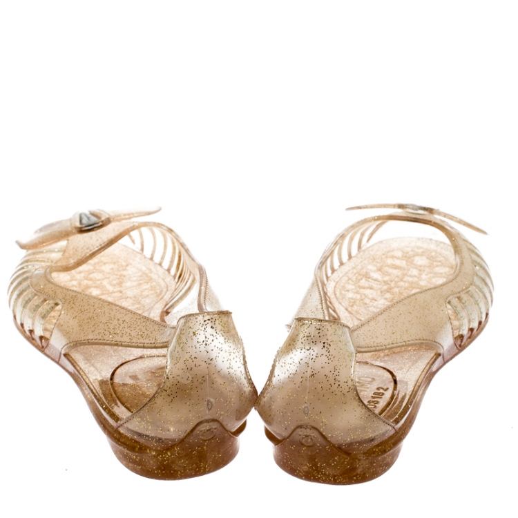 Pre Owned Salvatore Ferragamo Transparent Glitter Jelly Spiffy Bow Detail Flats Size 37.5