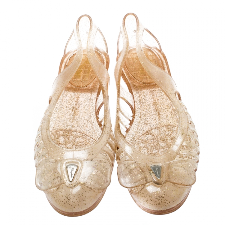 Pre Owned Salvatore Ferragamo Transparent Glitter Jelly Spiffy Bow Detail Flats Size 37.5