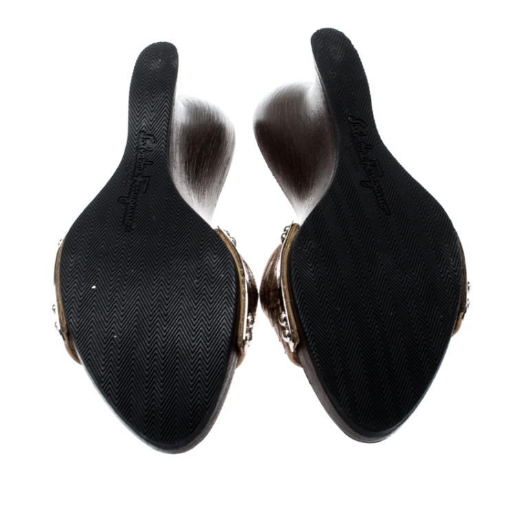 Pre Owned Salvatore Ferragamo Metallic Gold Python Leather Open Toe Wedge Slides Size 38.5